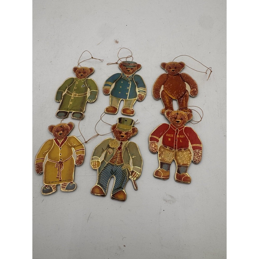 1982 Vintage Merrimack Teddy Bear Die Cut Christmas Ornaments Lot of 6